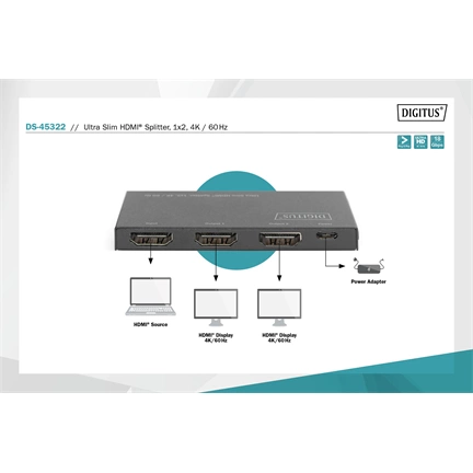 DIGITUS DS-45322 HDMI 4K 60Hz 1x2 Ultra Slim Splitter