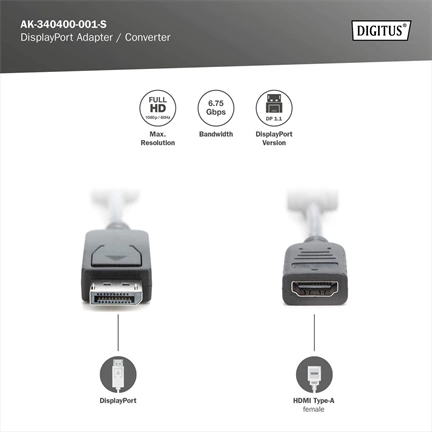 DIGITUS Full HD 60Hz 1.1a DisplayPort - HDMI type A Adapter 0,15m