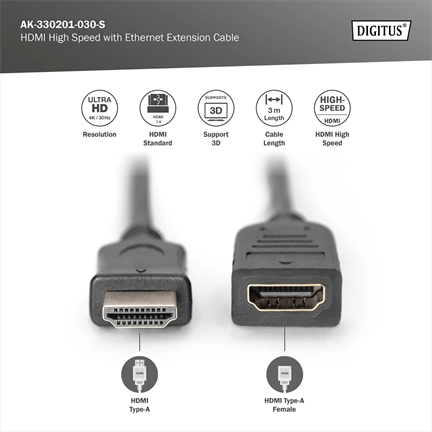 DIGITUS High Speed UHD 4K 30Hz 1.4 HDMI Ethernet hosszabbító kábel 3m