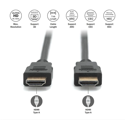 DIGITUS High Speed UHD 4K 30Hz 2.0 aranyozott Ethernet HDMI kábel 1m