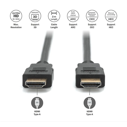 DIGITUS High Speed UHD 4K 3D 30Hz 2.0 aranyozott Ethernet HDMI kábel 2m