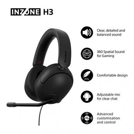Sony INZONE H3 vezetékes fejhallgató játékhoz, fekete